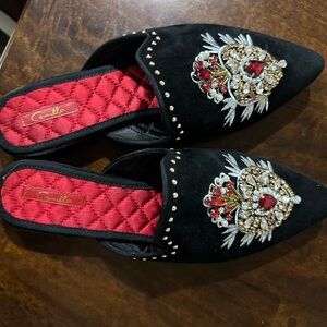 Camilla Black and Red Embroidered Mules